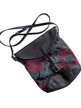 Vintage 80s Leather Floral Tapestry Crossbody Bag Made in Canada